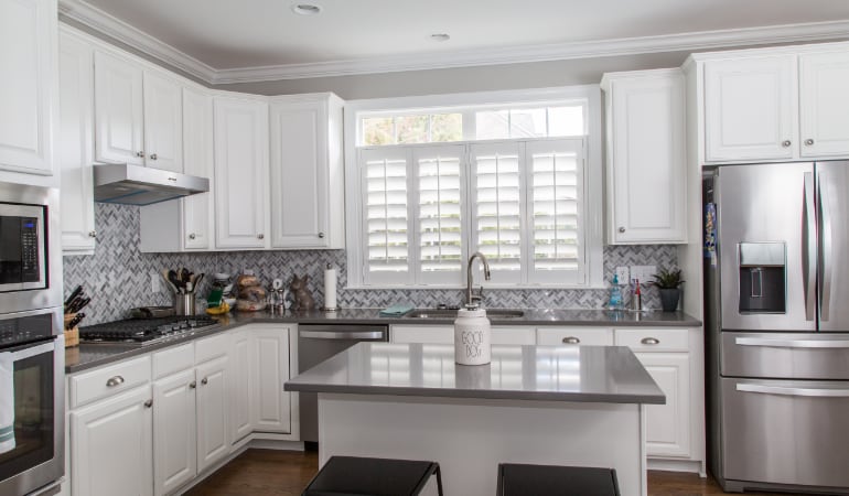 Polywood shutters in a Raleigh gourmet kitchen.